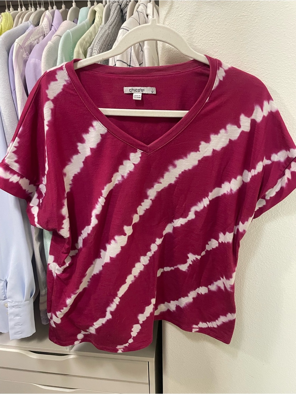 Chico's Raspberry and White Tie-Dye V-Neck Tee